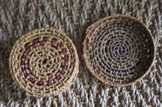 Small Vintage Native American Indian Origin Coil Weaving Basket With Lid
