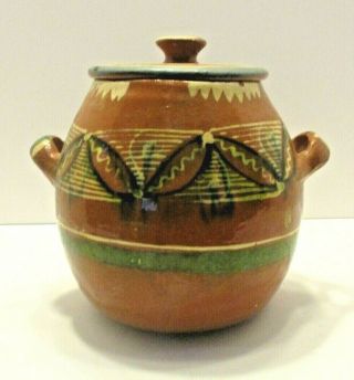 Vintage Old Mexico Redware Pottery Folk Art Hand Painted Bean Pot 8 " Tall