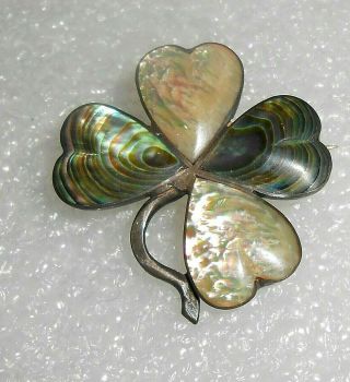 Vintage Sterling Silver Abalone Heart Shape 4 Leaf Clover Pin C Clasp