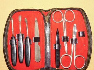 Vintage Made In Germany Manicure Set In Austria Made Leather Case 7 Pc
