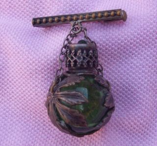 Vintage Antique Art Deco Brass Green Glass Chatelaine Perfume Bottle Pin Brooch