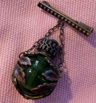 Vintage Antique Art Deco Brass Green Glass Chatelaine Perfume Bottle Pin Brooch 2