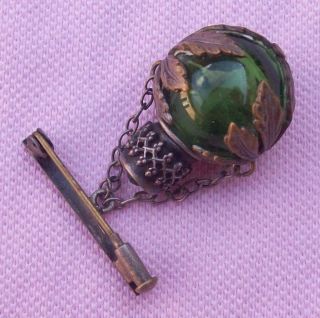 Vintage Antique Art Deco Brass Green Glass Chatelaine Perfume Bottle Pin Brooch 3
