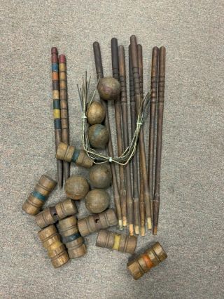 Antique Wooden Croquet Set With Balls,  Mallets,  Stakes