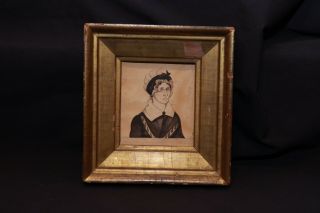 Antique Miniature Folk Art Watercolor Painting Of Quaker Woman Gilt Frame Shaker