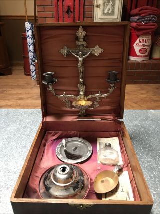 Antique 1890s Silver Plate Sick Call Priest Last Rites Kit W/ Crucifix Wood Box