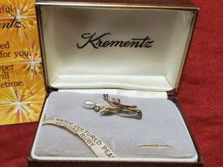 Vintage Krementz 14k Gold Overlay W/ Pearl And Ruby Stick Pin