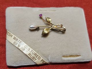 Vintage Krementz 14k Gold Overlay w/ Pearl and Ruby STICK Pin 2