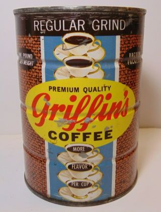 Vintage 1960s Griffins Coffee Cup Graphic 1 Pound Coffee Tin Muskogee Oklahoma