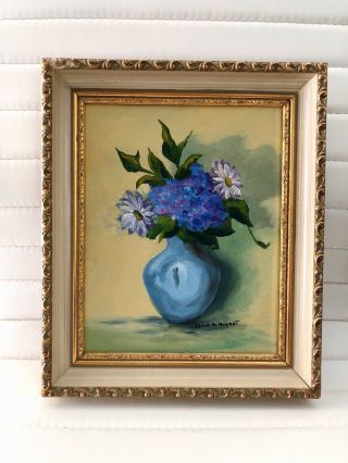 Vintage Floral Flower Blue Hydrangea Daisy Painting Gold Frame Joan A.  Nugent