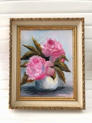 Vintage Floral Flower Pink Rose Peony Painting Gold Frame Joan A.  Nugent