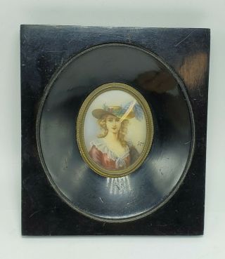 Antique Miniature Hand Painted Signed Portrait Of Woman Wood Black Frame