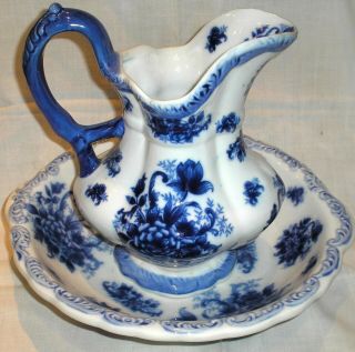 Gorgeous Antique Vintage Flow Blue Stoneware Pitcher & Wash Bowl Pristine