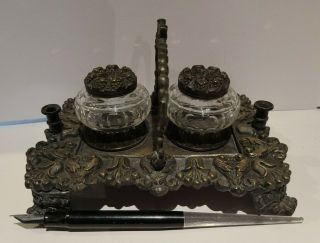 Antique Victorian Cast Bronze Inkwell With Double Cut Crystal Inkwell Bottles