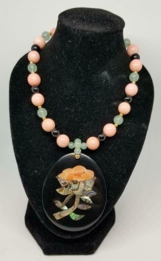 Vintage Lee Sands Pink & Black Quartz,  Jade Beaded Necklace W/a Floral Pendant.