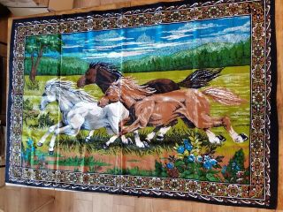 Vintage Horse Equestrian Tapestry Wall Hanging Cotton Turkey 57x38.  5 " Mustang