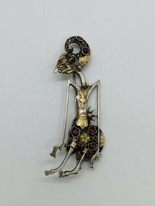 Antique Vtg Indonesia Wayang Kulit Shadow Puppet Pin Theater Sterling Gold Ruby
