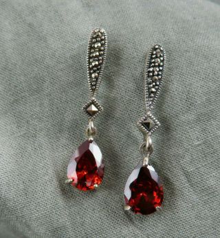 Vintage Sterling Silver Pierced Earrings Red Crystal Marcasites Art Deco 666r