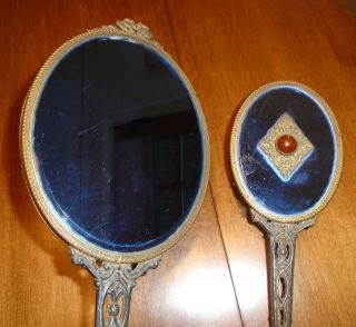 Vintage 1930s French Art Deco Medium Blue 14 " Hand Mirror & 10 " Brush Set