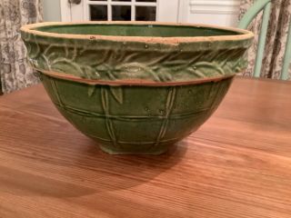Antique Mccoy Green Yellow Ware Waffle Weave Laurel Leaves Rim Mixing Bowl 9”