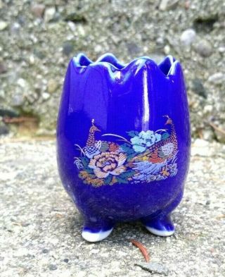 Vintage Porcelain Toothpick Match Holder Bird & Floral Tripod Egg Shape Blue