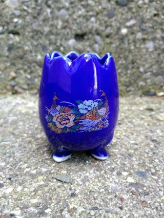 Vintage Porcelain Toothpick match Holder bird & Floral Tripod Egg Shape blue 2