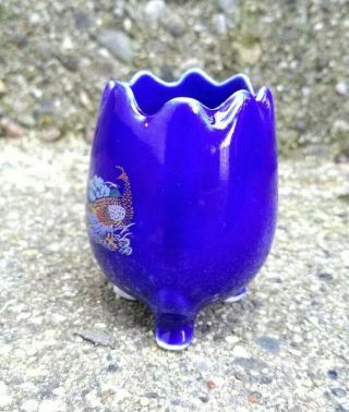 Vintage Porcelain Toothpick match Holder bird & Floral Tripod Egg Shape blue 3