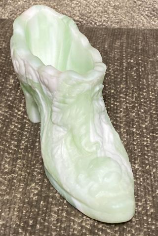 Vintage Mid Century Kanawha Cabbage Rose Green & White Slag Glass Shoe Slipper