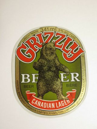 Grizzly Canadian Lager Beer Label Amstel Brewery Hamilton Ontario Vintage Nos