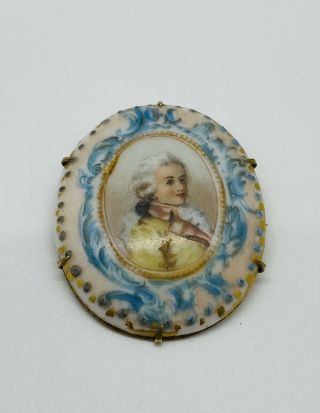 French Victorian Antique Painted Portrait Cameo Porcelain C Clasp Brooch Pin
