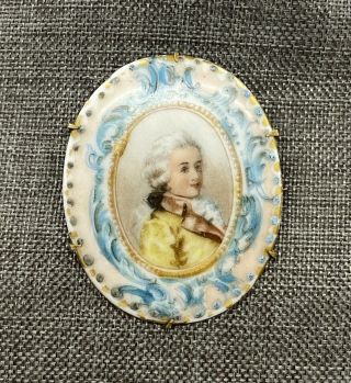 French VICTORIAN Antique Painted Portrait Cameo Porcelain C Clasp Brooch Pin 3