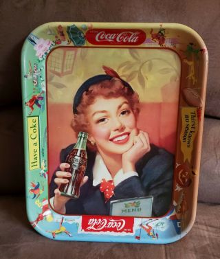 Vintage 1953 Coca Cola Menu Girl Thirst Knows No Season Metal Advertising Tray