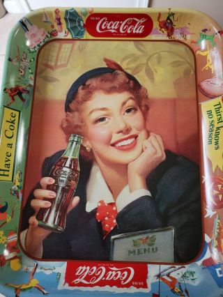 Vintage 1953 Coca Cola Menu Girl Thirst Knows No Season Metal Advertising Tray 2