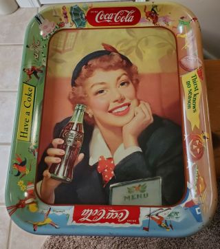 Vintage 1953 Coca Cola Menu Girl Thirst Knows No Season Metal Advertising Tray 3