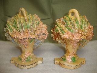 Pair Antique Hubley Cast Iron Doorstop Basket Of Phlox & Lilies Flowers 473