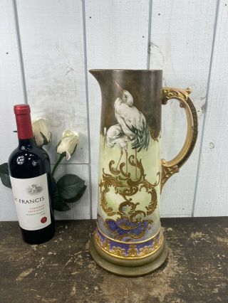 Antique Hand Painted Limoges Pitcher Tankard With Cranes & Flowers 14.  25”h