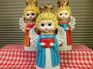 Vintage Choir Angels Candle Holders Set Of 3 Papier Mache Red Yellow Blue