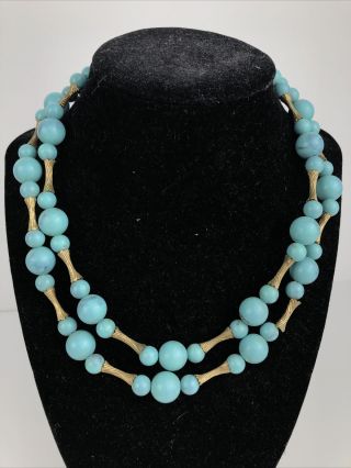 Vintage Coro Blue Plastic Beaded Brass Double Stranded Necklace