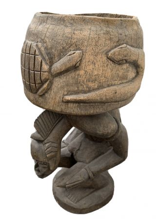 Vintage African Art Wood Carved Figure Statue/ Bowl 13 X 7