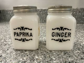 Vintage Milk Glass Shaker " Paprika " And " Ginger " 3 1/4 " Black Letters