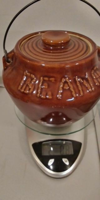 Vintage Brown Glazed Stoneware Bean Pot With Metal Handle & Lid
