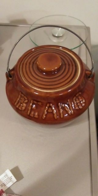 Vintage Brown Glazed Stoneware BEAN POT With Metal Handle & Lid 2