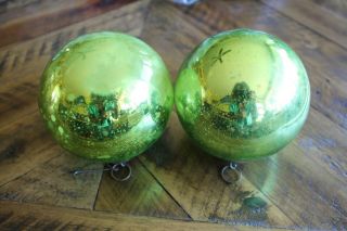 2 Antique German Kugel Christmas Ornaments Green Mercury Glass 3 7/5 " Diameter