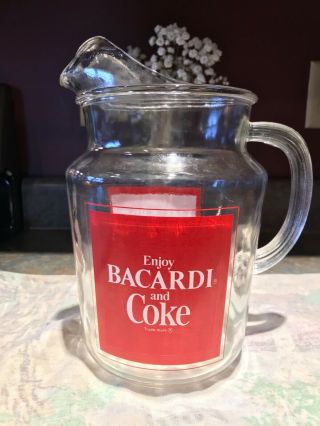 Enjoy Bacardi Rum And Coca - Cola Glass Pitcher - 2 Quart Red Logo Retro Vintage