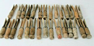 29 Vintage Old Wood Push Down Clothes Pins Round W/ Flat Tops Weathered Patina