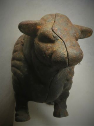 Antique Heavy Cast Iron Bull Ruffled Angus Herford Still Bank Figural Animal 2