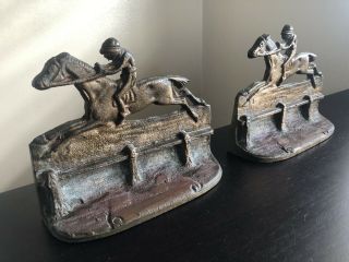 Vintage Antique Pair Bronze Metal Horse Racing Derby Equestrian Art Bookends