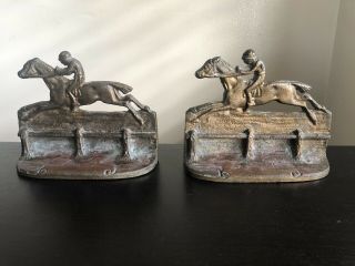 Vintage Antique PAIR Bronze Metal Horse Racing Derby Equestrian Art Bookends 2