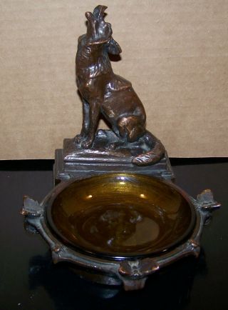 Vintage Antique Paul Herzel Bronze Coyote Figure Sculpture Statue Art Ashtray