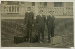Vintage Ca 1910s Rppc Real Photo Postcard Three Young Men In Suits Suitcases Azo
